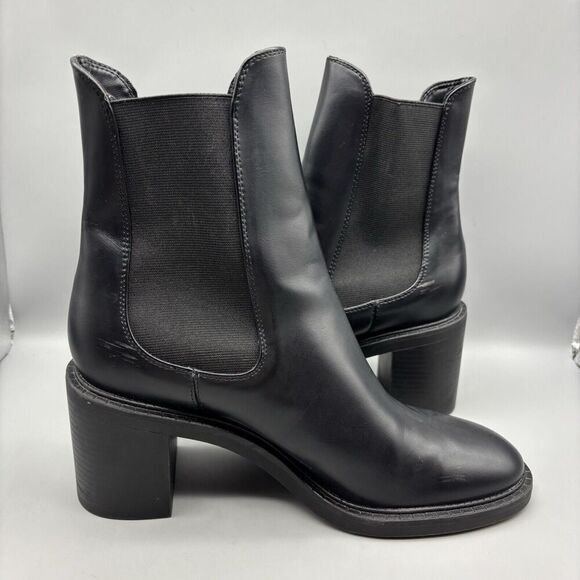 Zara Ankle Boots Women’s Size 40 US 9 Black Leather Pull On Block Heel - Picture 7 of 15
